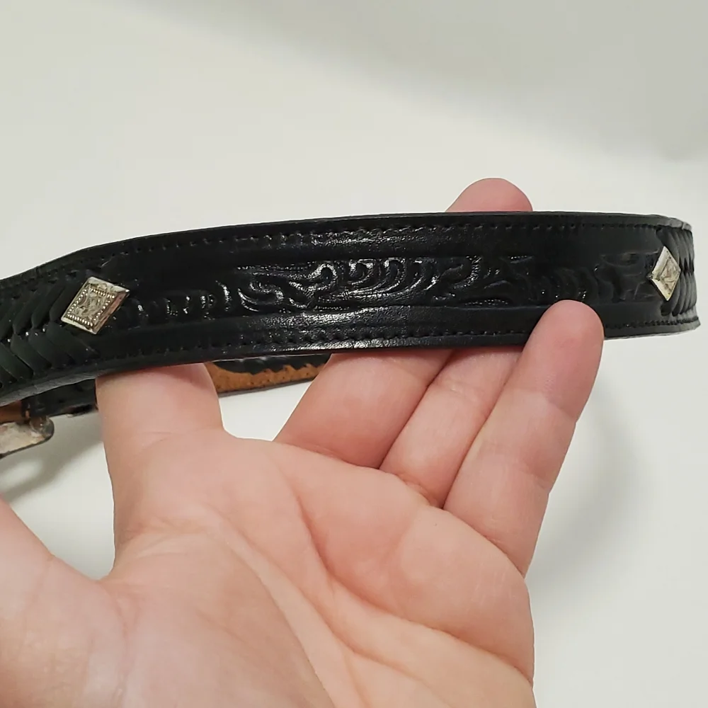 Nocona Western Black Leather Belt Made in USA Woven Embossed Embellishments